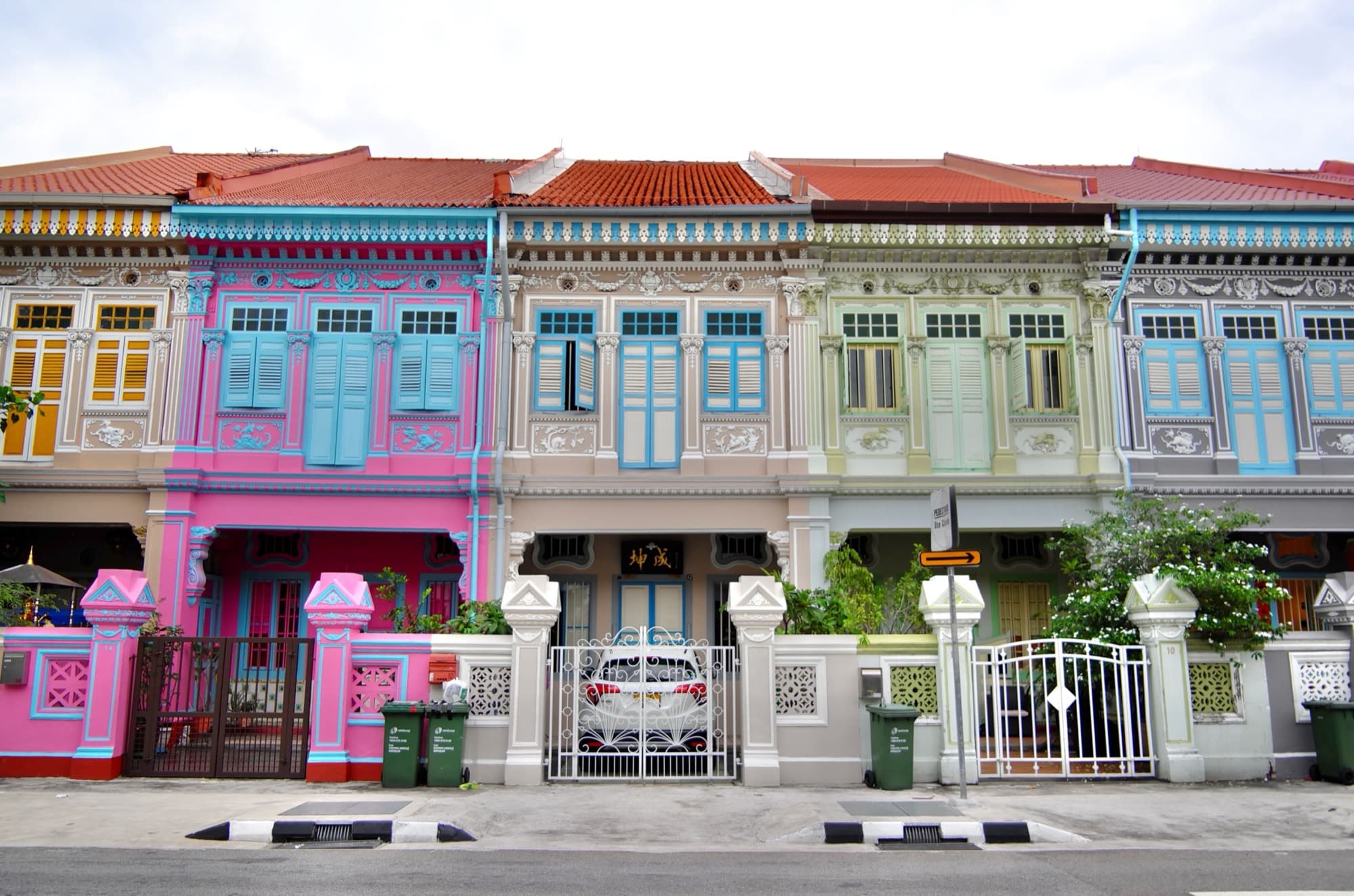 Colourful conserved terrace houses in a Singapore residential street